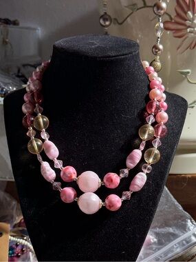 Vintage Japan Double-Strand Pink & Gold Beaded Statement Necklace